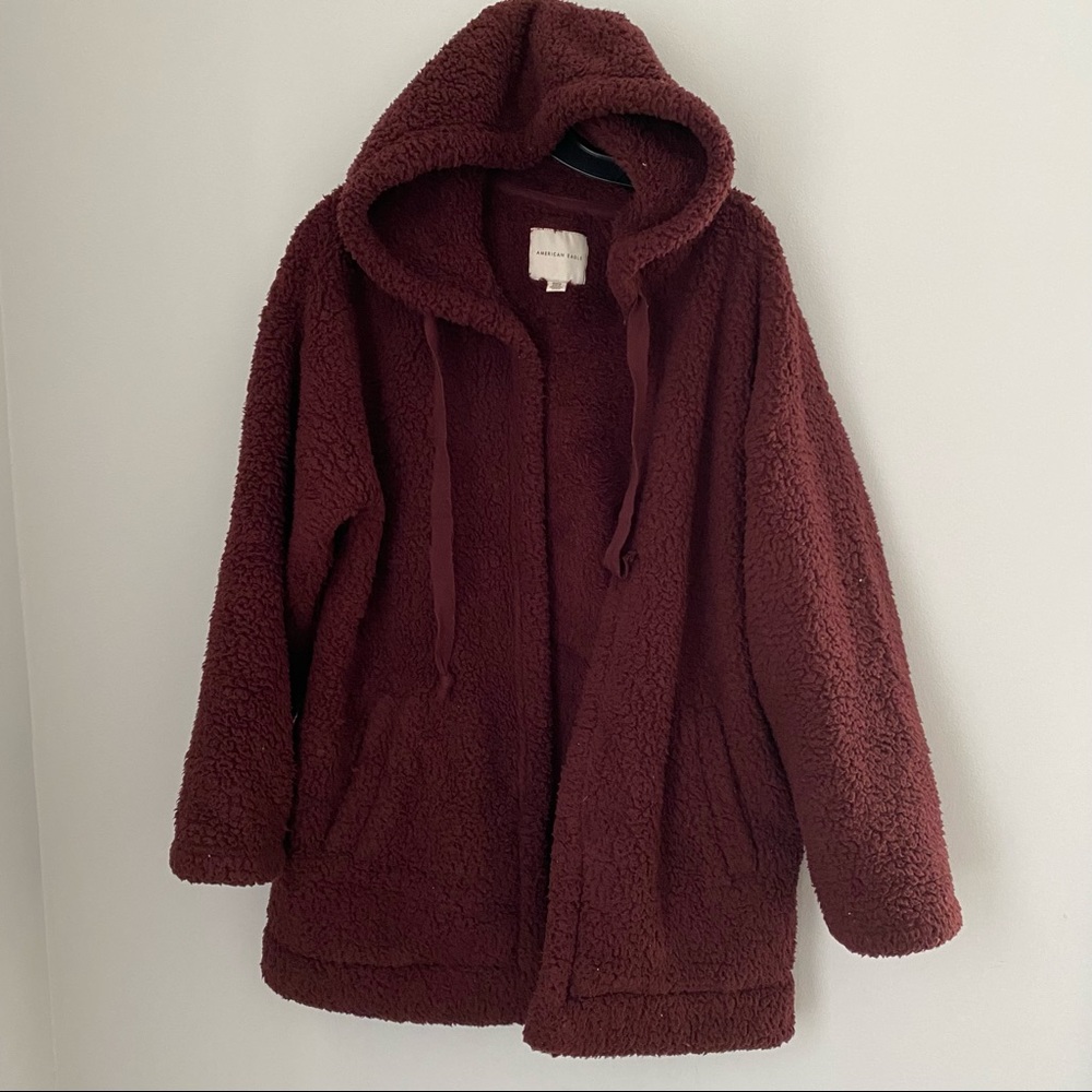 American Eagle Women’s Open Front Sherpa Teddy Hoodie Jacket Cardigan Mid Length